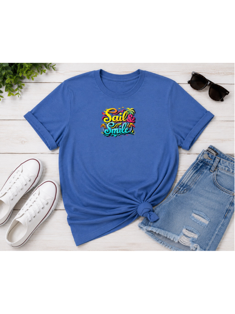 New Summer Beach Vacation Sail Smile Blue Casual Graphic Tee Women Size XL